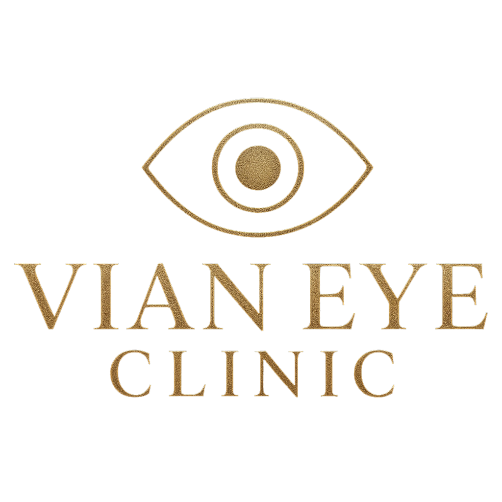 Gold logo featuring a stylized eye above the words “VIAN EYE CLINIC” in uppercase, elegant serif letters. The design has a luxurious and professional appearance.